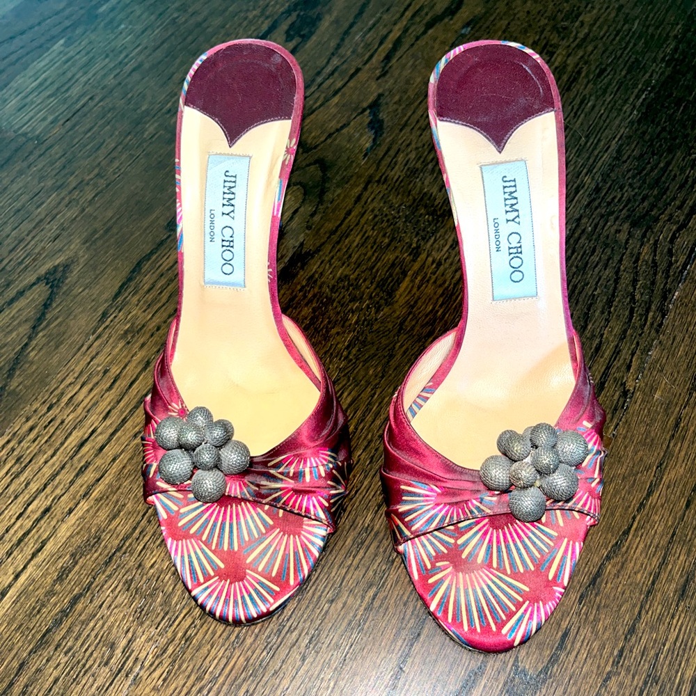 Vintage Jimmy Choo red satin heeled sandals with gray accent. Size 37.5.